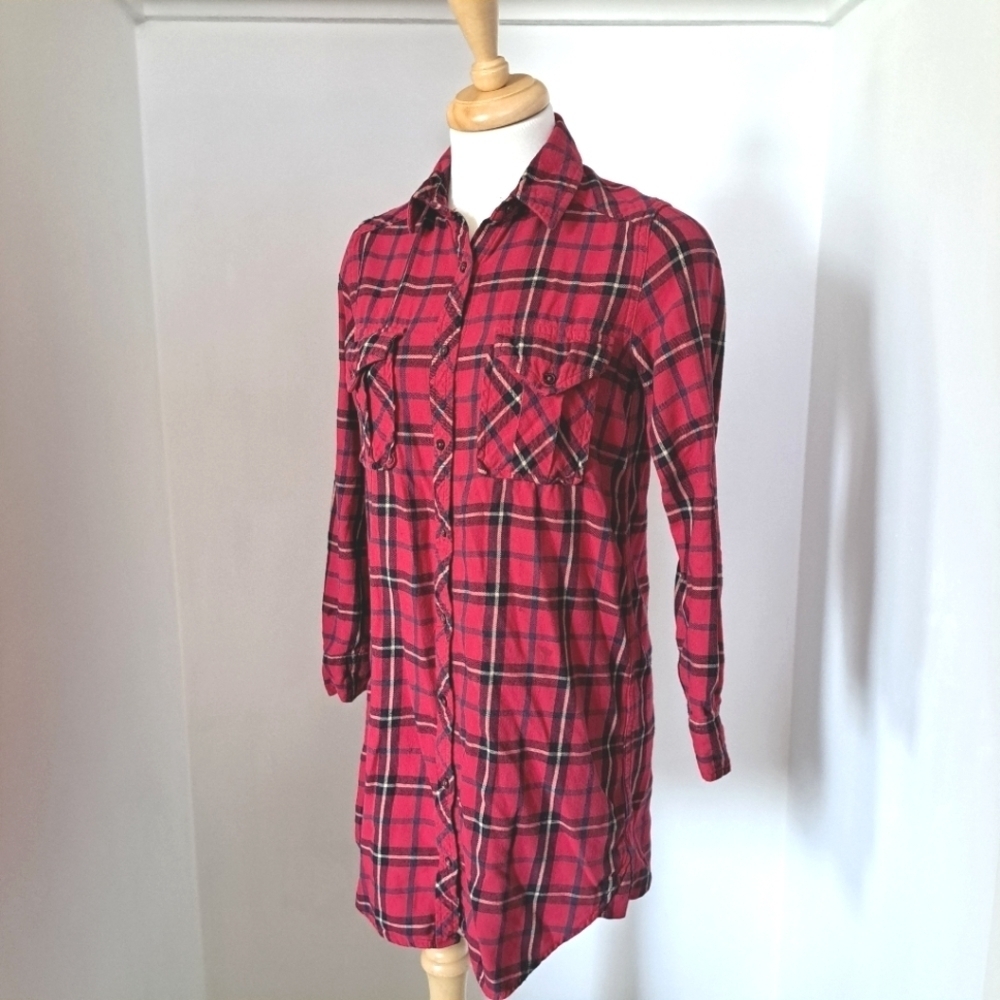 Wilfred Free | Red plaid button up long sleeved women's dress shirt dress
